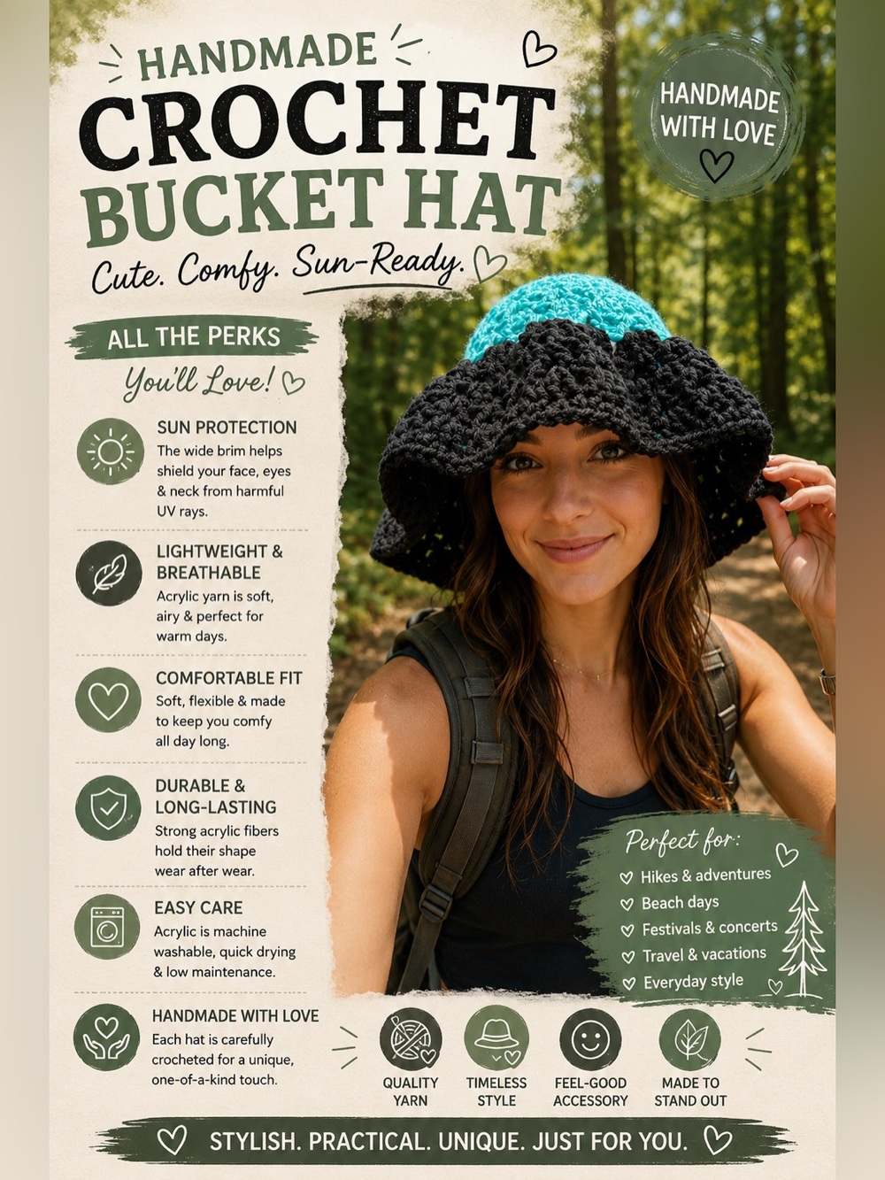 Handmade Crochet Bucket Hat | Black & Turquoise | Boho Summer Sun Hat